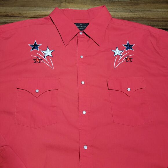 High Noon Full Pearl Snap LS Western Shirt Red w/ Embroidered Stars - Size XL - Picture 1 of 5